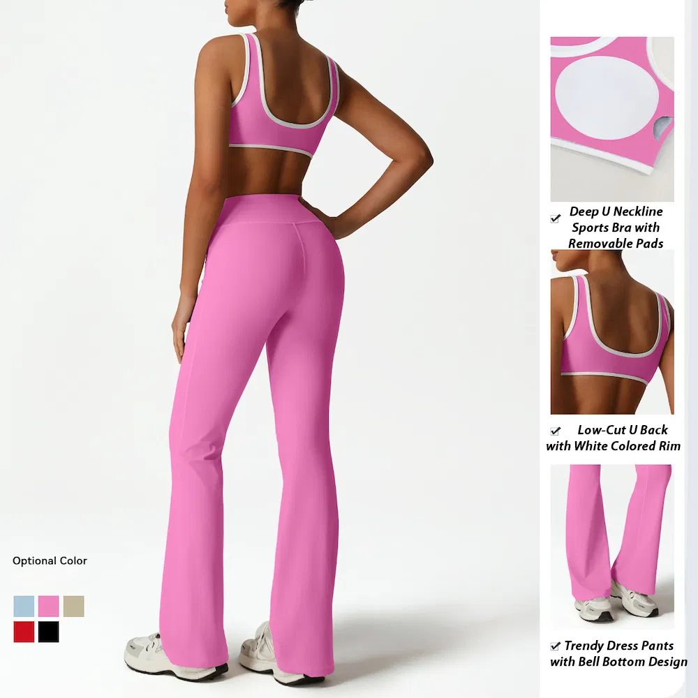 New Fashion Gym Wear Color-Block Fitness Wear for Ladies, 5PCS Women's Active Wear Fitness Bra +High Waist Yoga Shorts+ Leggings + Flared Pants Set Workout Wear