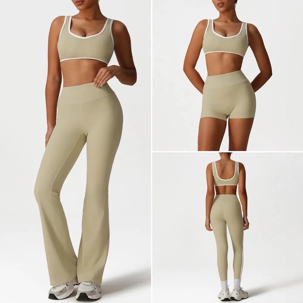 New Fashion Gym Wear Color-Block Fitness Wear for Ladies, 5PCS Women's Active Wear Fitness Bra +High Waist Yoga Shorts+ Leggings + Flared Pants Set Workout Wear