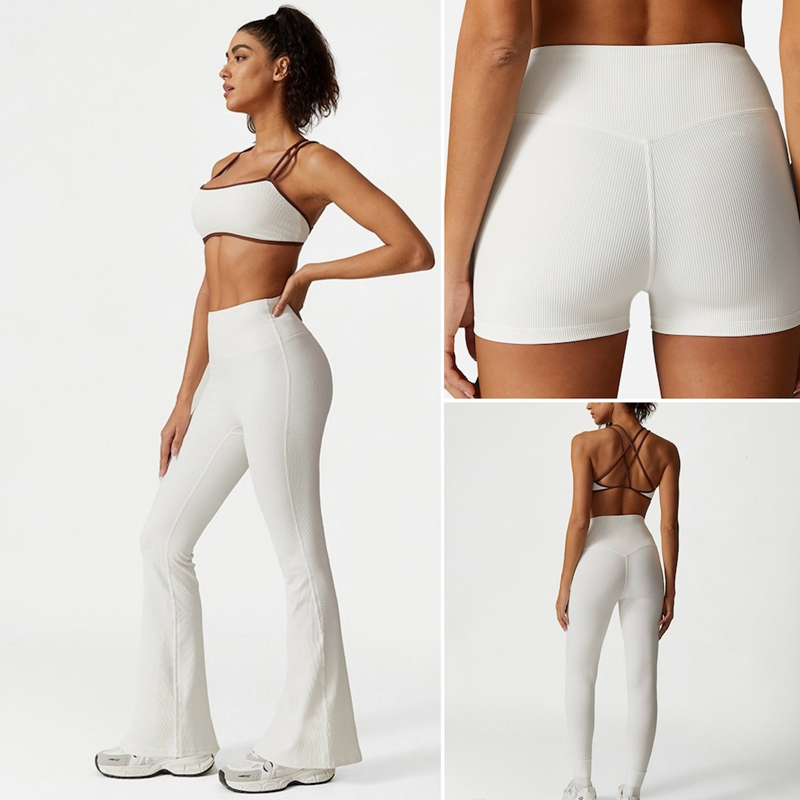 New Stylish 5 PCS Lounge Ribbed Activewear Set Cute Workout Clothes for Woman, Cute Strappy Yoga Bra + Gym Fitness Pants + Exercise Top Going out Athletic Wear