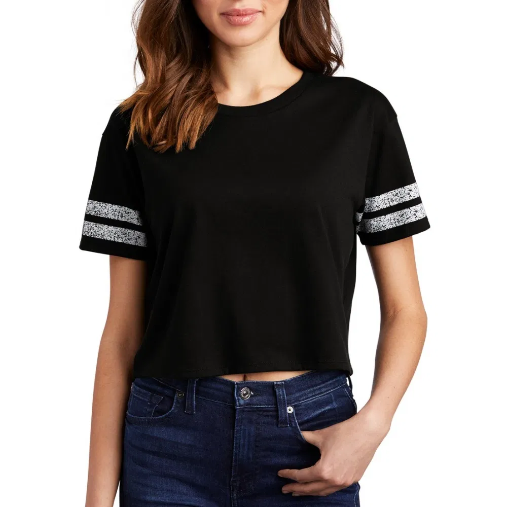 Women's Black Cotton Crop Top with Chic Striped Design