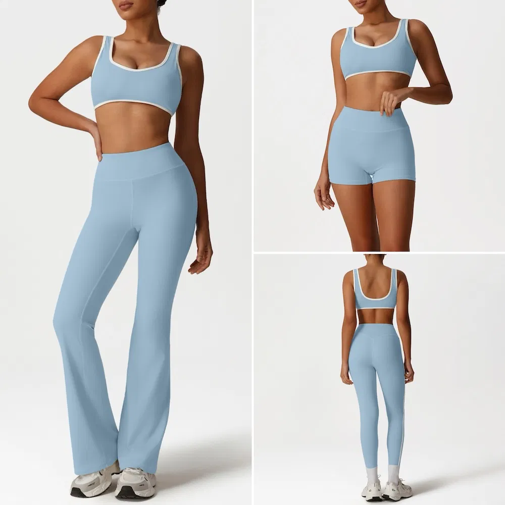 New Fashion Gym Wear Color-Block Fitness Wear for Ladies, 5PCS Women's Active Wear Fitness Bra +High Waist Yoga Shorts+ Leggings + Flared Pants Set Workout Wear