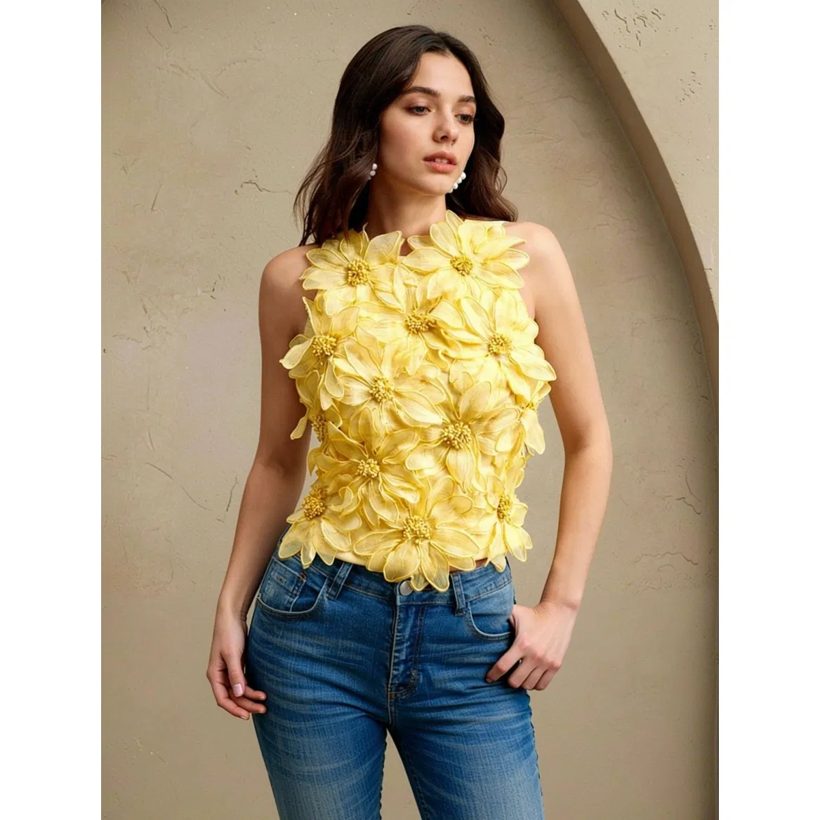 Yellow 3D Floral Applique Sleeveless Crop Top