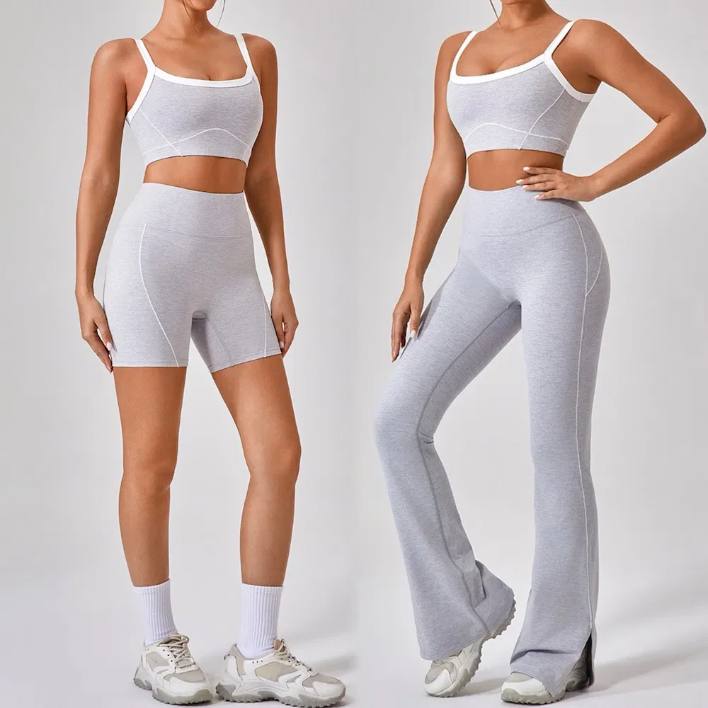 Wholesale New Cute 3PCS Patchwork Summer Workout Set Premium Activewear for Woman, Private Label Sports Bra + Gym Shorts + Flared Yoga Pants