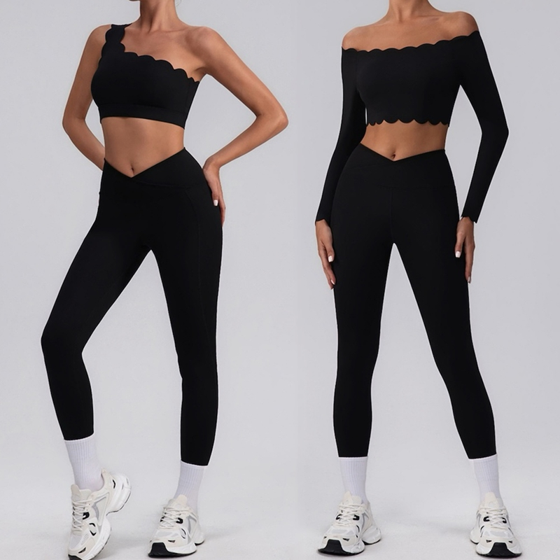 Hot Sale 3PCS Fashion Petal Edge Activewear Set Trendy One Shoulder Bra + Crop Top + Yoga Pants Matching Workout Clothing Premium Running Outfit Suit