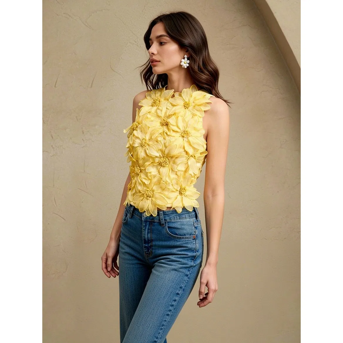 Yellow 3D Floral Applique Sleeveless Crop Top