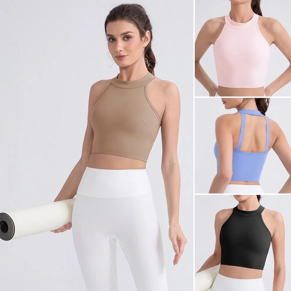 Newest Design Sexy Open Back High-End Sports Bra for Women, Modest High Crewneck Yoga Workout Crop Top with Molded Chest Cups Wirefree Padded Active Tops