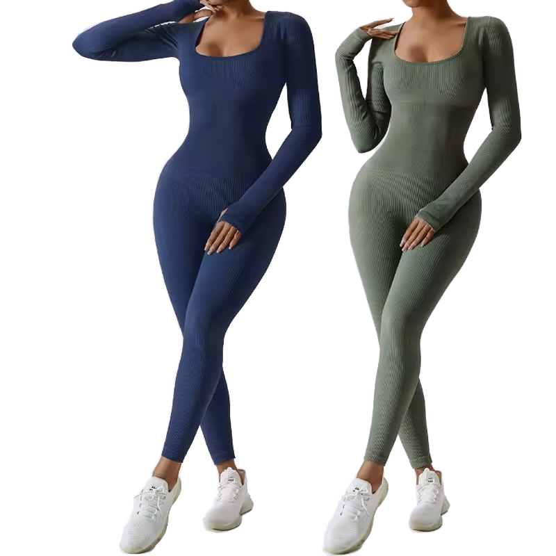 New Seamless Thread Knitted Long Sleeve Yoga Jumpsuit Breathable Quick Dry Running Fitness Suit Sports Bodysuit