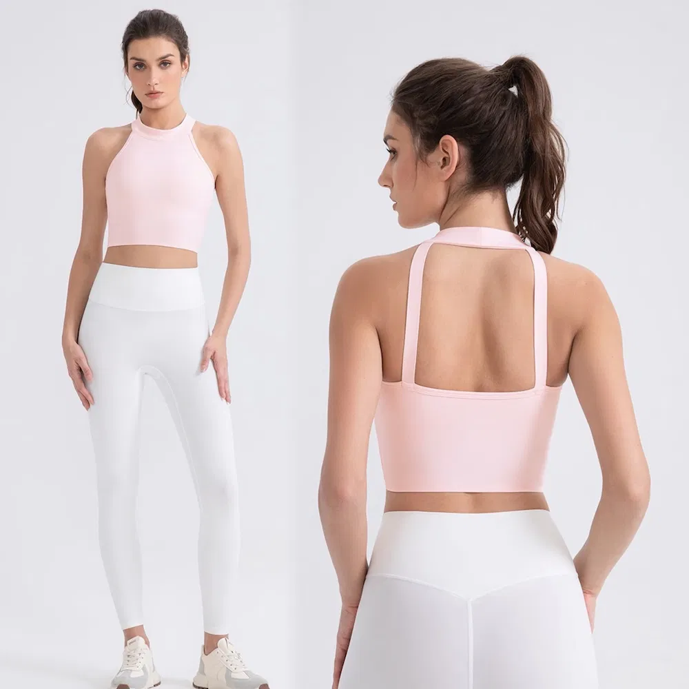 Newest Design Sexy Open Back High-End Sports Bra for Women, Modest High Crewneck Yoga Workout Crop Top with Molded Chest Cups Wirefree Padded Active Tops