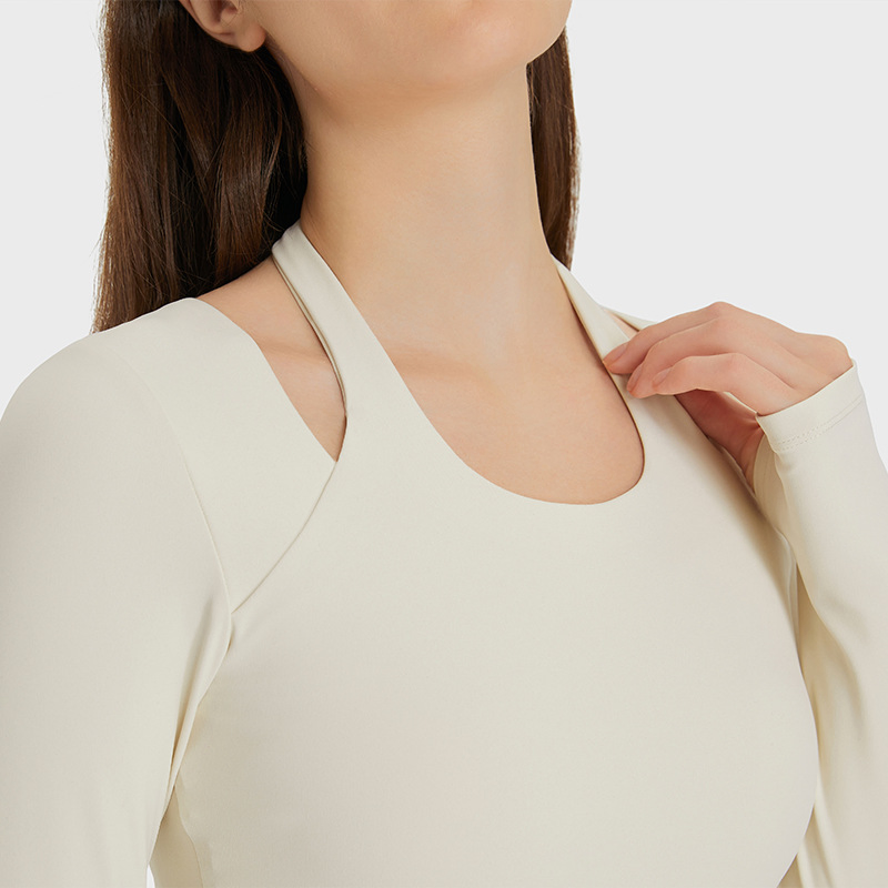 Xsunwing New Women White Sexy Neck with Inside Pad Bra High Stretchy Long Sleeve Shirts Crop Rib Gym Top Compression Athletic Wear Wdq214