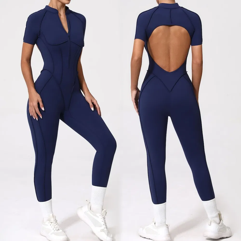 New Listing Attractive Sexy Backless Pole Dance Fitness Leotard, One Piece Zipup Front Workout Outfits Short Sleeve Athletic Bodysuit with Bra for Youth Ladies