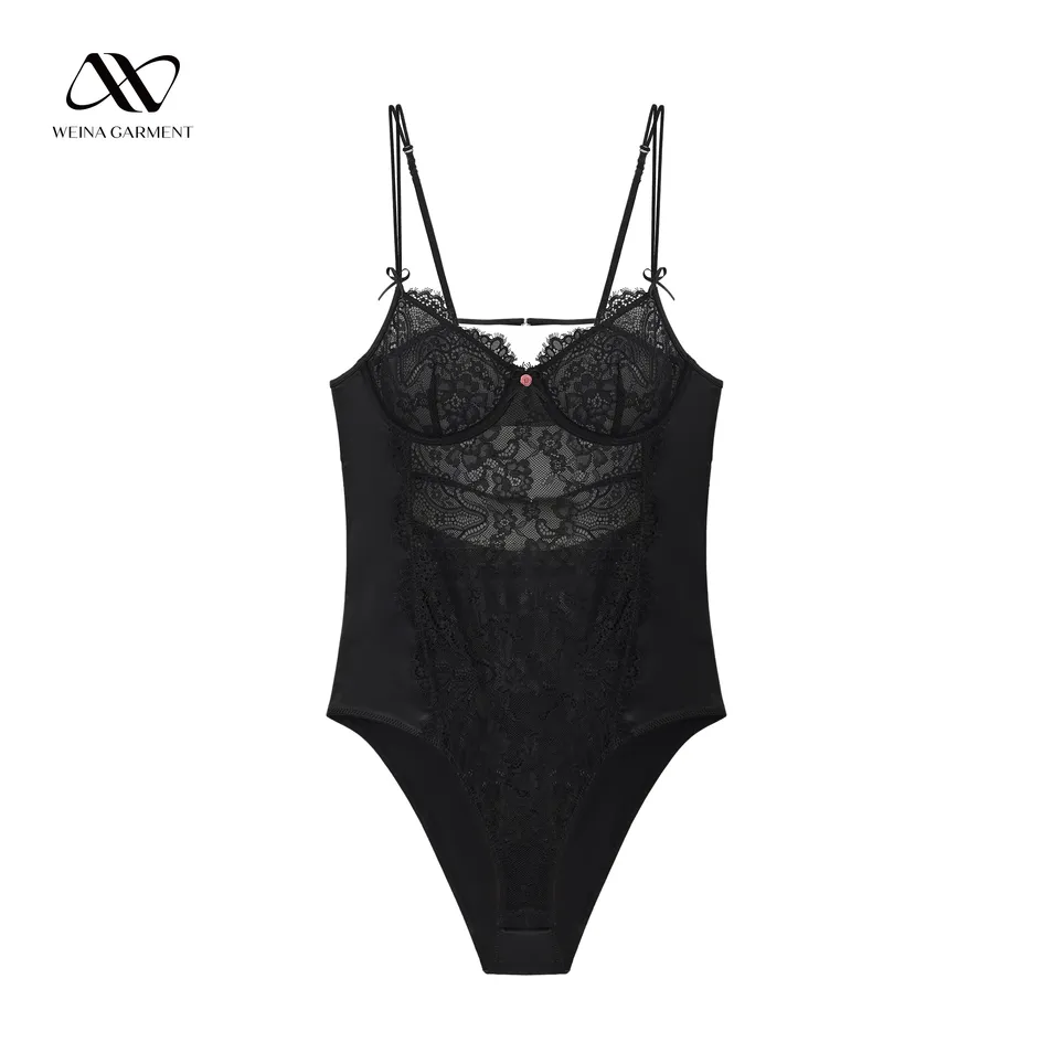 Black Underwired Lace Bodysuit front view