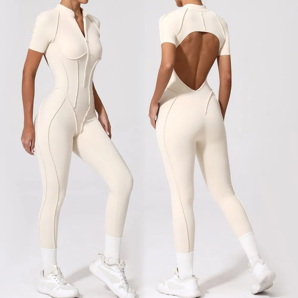 New Listing Attractive Sexy Backless Pole Dance Fitness Leotard, One Piece Zipup Front Workout Outfits Short Sleeve Athletic Bodysuit with Bra for Youth Ladies