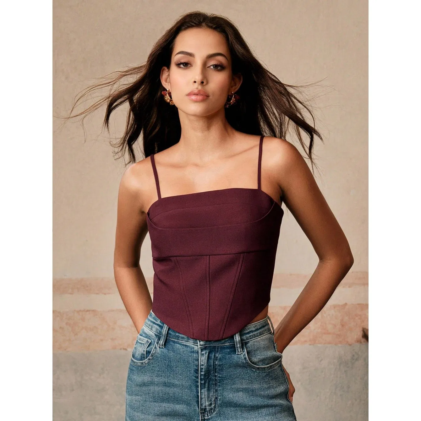 Burgundy Cowl Neck Corset Spaghetti Strap Crop Top