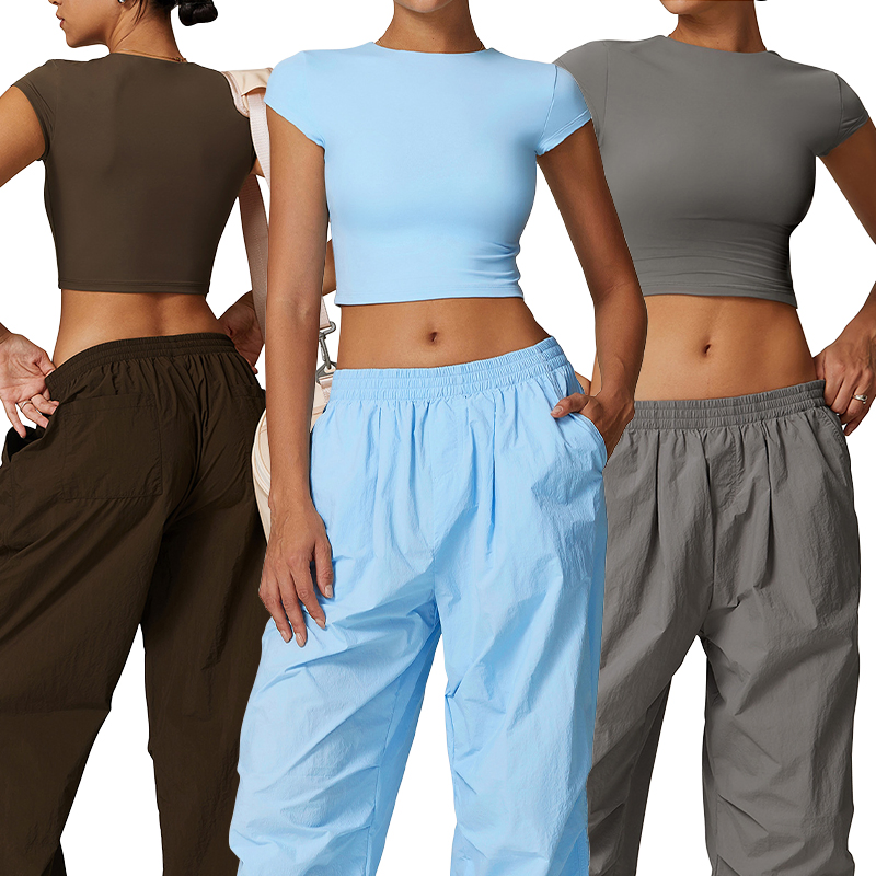 Wholesale Factory Fashion O-Neck Tight Yoga Short Sleeve Sports T-Shirt Fitness Crop Top