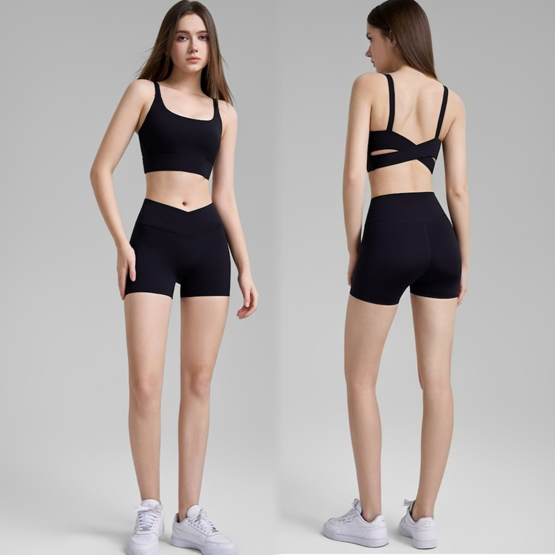 Tianchen Factory Price Wholesale 2 PCS Fitness Activewear for Ladies, Cross Back Sports Bra with Molded Cups + Cross Waisted Gym Shorts Yoga Clothing Set
