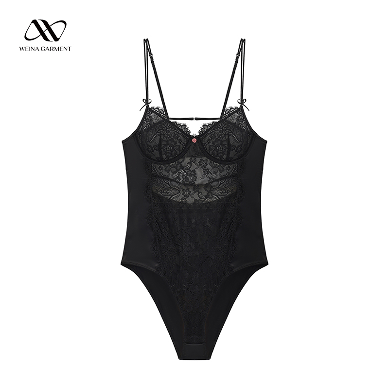 Black Underwired Lace Bodysuit with Sheer Mesh