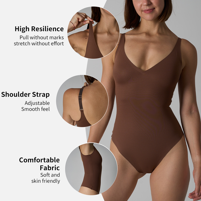 Wholesale Factory Pure Color Sleeveless Wide Shoulder Strap Nylon/Spandex V-Neck Triangle Crotch Bodysuit