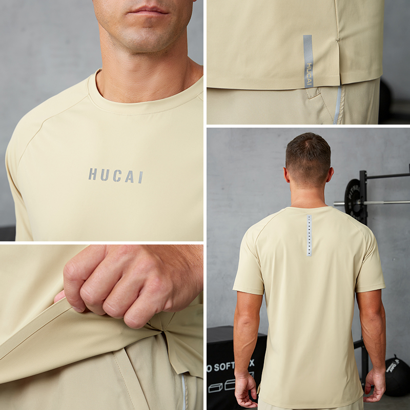 OEM Hucai Custom Nylon Soft Bonded Hem Regular Dry Fit T Shirt Training Workout Running Fitness Athletic Active Gym Wear Men
