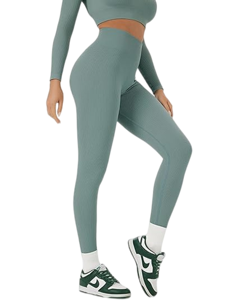 2 Pieces Long Sleeve Yoga Outfits Gym Clothes Seamless Ribbed Crop Top