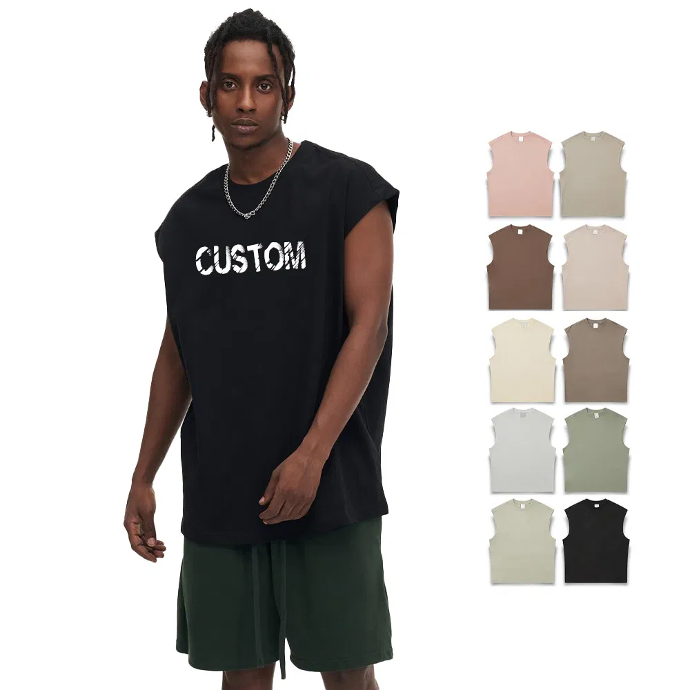 Wholesale Men's Plain Blank Print Embroidered Oversized Logo Sleeveless T Shirt Unisex Tops 100% Cotton Boxy Distressed Black White Custom Tank Top for Men