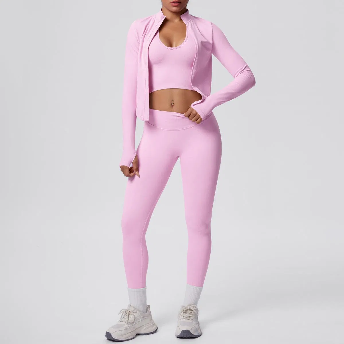 2026 Women's Seamless 3 Piece Yoga Set Breathable Quick Dry Tight Fit High Waist Full Zip up Workout Yoga Wear Gym Fitness Sets