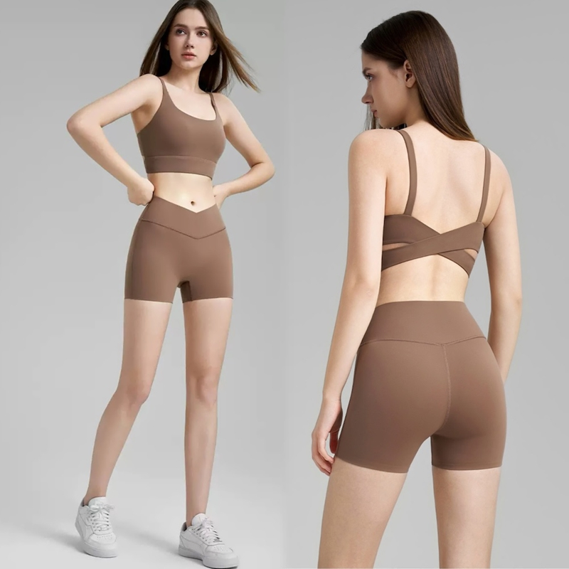 Tianchen Factory Price Wholesale 2 PCS Fitness Activewear for Ladies, Cross Back Sports Bra with Molded Cups + Cross Waisted Gym Shorts Yoga Clothing Set