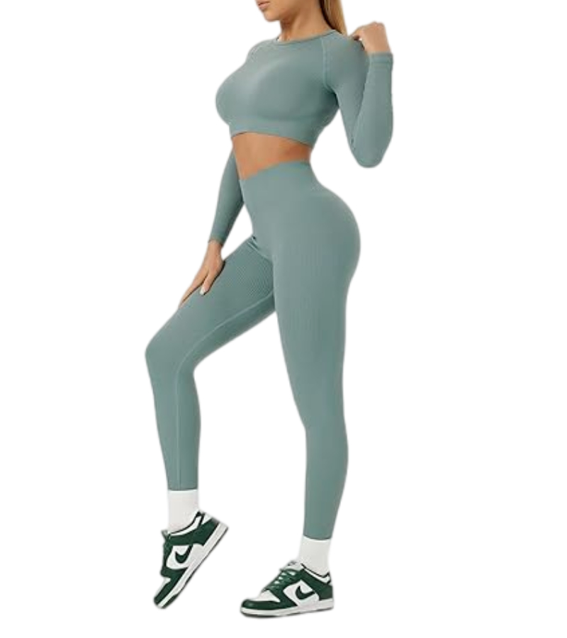 2 Pieces Long Sleeve Yoga Outfits Gym Clothes Seamless Ribbed Crop Top