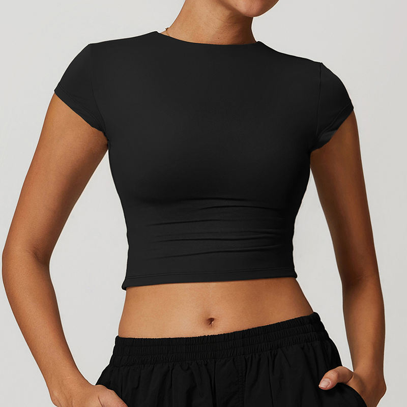 Wholesale Factory Fashion O-Neck Tight Yoga Short Sleeve Sports T-Shirt Fitness Crop Top