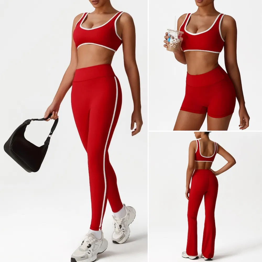 New Fashion Gym Wear Color-Block Fitness Wear for Ladies, 5PCS Women's Active Wear Fitness Bra +High Waist Yoga Shorts+ Leggings + Flared Pants Set Workout Wear
