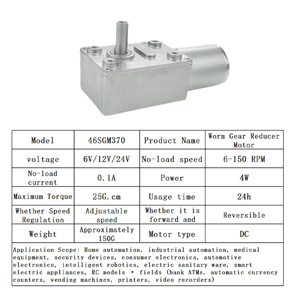 46SGM370 DC Gear Motor Self-locking Gear High Torque 6v 12v 24v Turbine Worm Gear Speed Control Motor Low Speed