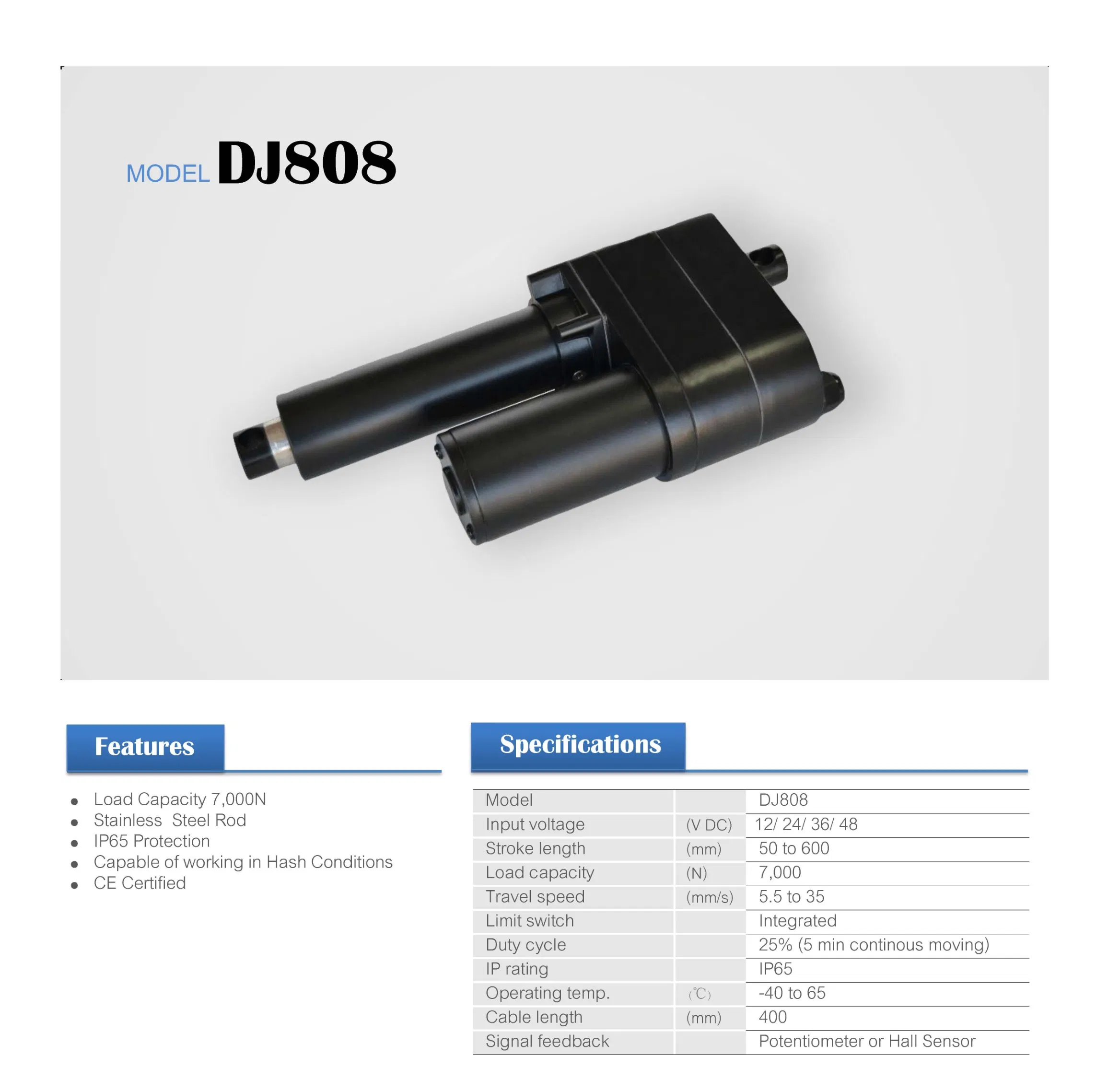 12V DC Electric Linear Actuator High Power Motor for Indurstrial Machinery Linear Actuator (HB-DJ808)