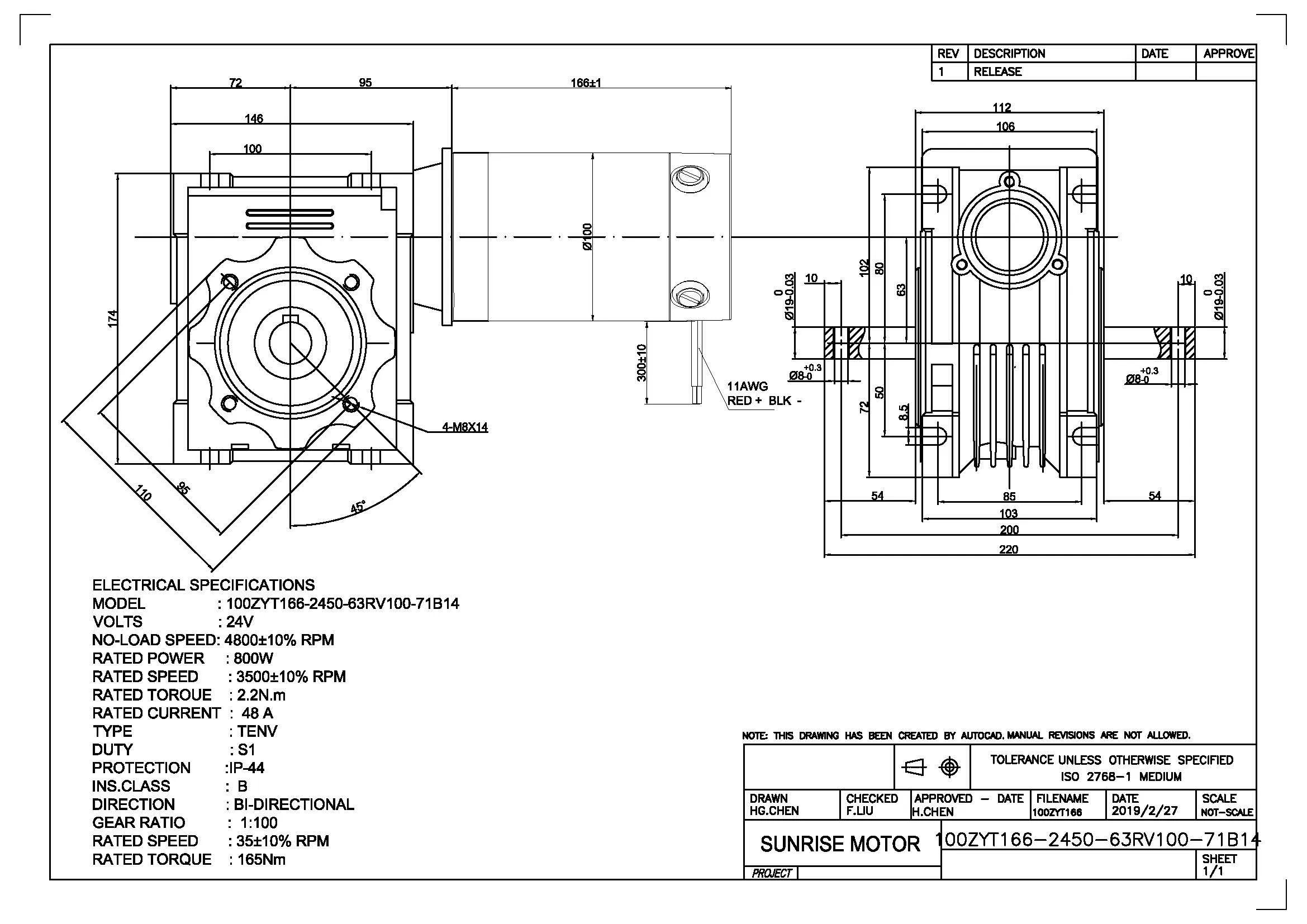100ZYT166-2450-63RV100-71B14 Electric Brush Brushed Gear Permanent Magnet DC Motor for Motion Simulator PMDC Motor 800W 3500rpm 24VDC 2.2n. M