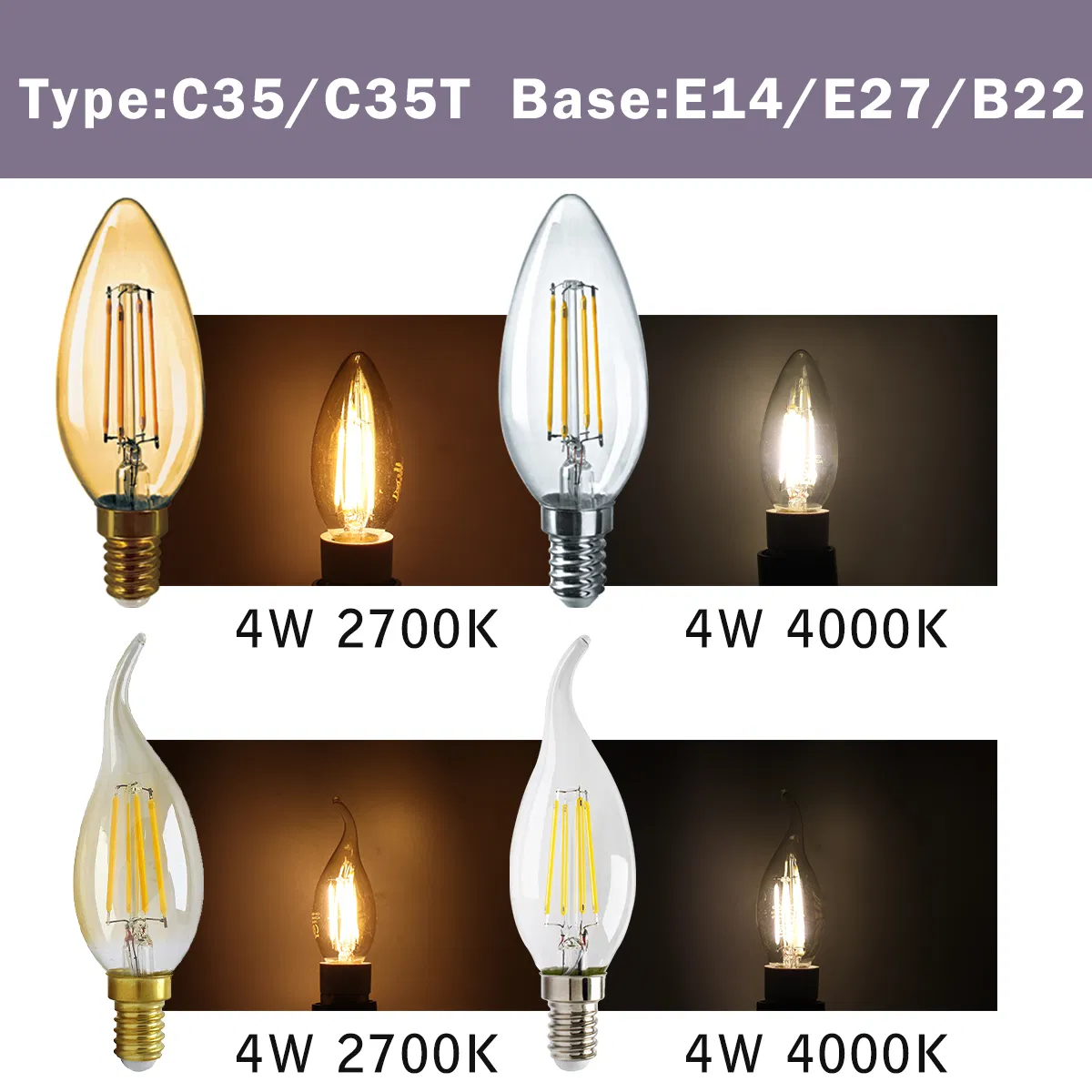 Vintage LED Lamp C35/C35t P45/G45 2W 4W 6W Clear Amber Glass LED Filament Bulb Edison Style IP20 for Indoor Decoration Lighting