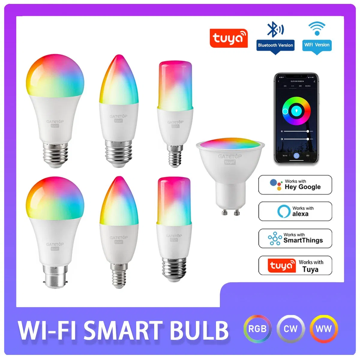 Amazon Zigbee WiFi Tuya Smart Bulb A60/C37/T37/GU10 RGB Colorful LED Lamp with Alexa and Google Home for Decoration Indoor Lighting CE&RoHS&ERP Approval