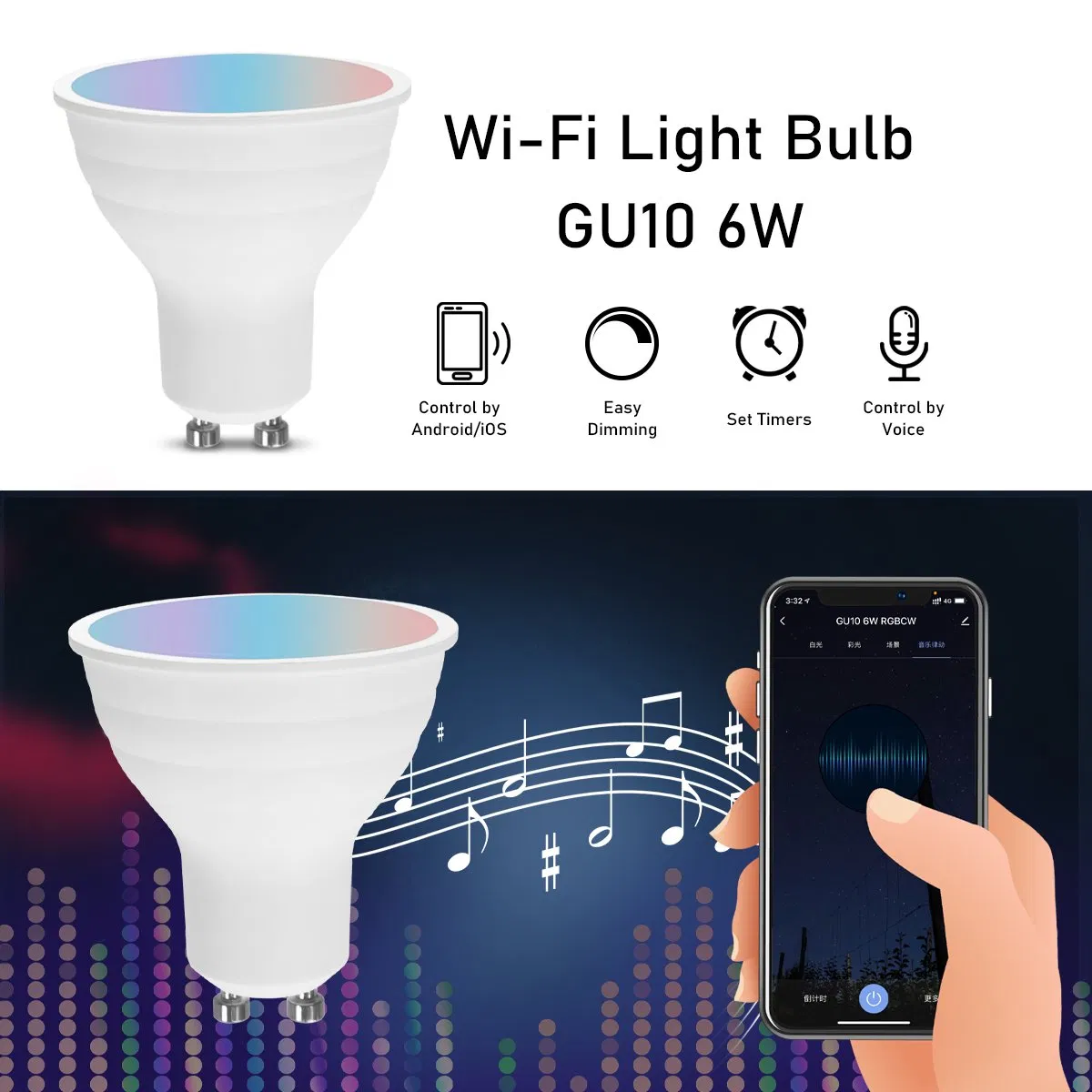 Voice Control Dimmable Wi-Fi Smart LED Light Bulb Tuya GU10 LED Spotlight Energy Saving Lamp RGB Color Changing for Home Decoration and Indoor Lighting