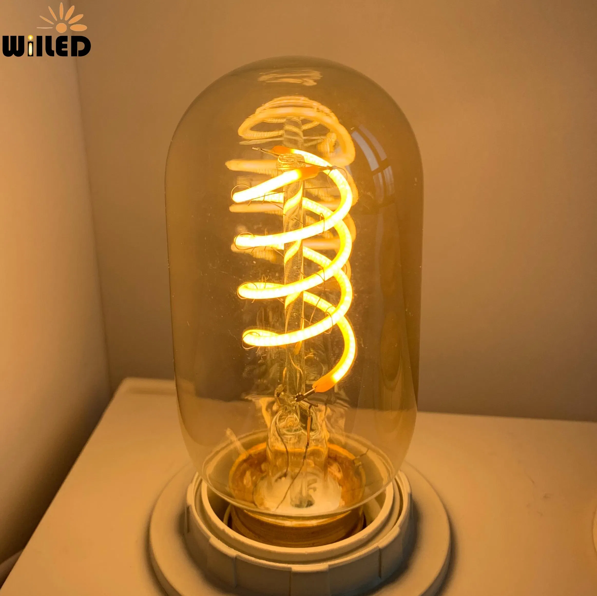 Antique Vintage Filament Bulb T45 Amber Glass Edison 4W Curved Soft Flexible Spiral E27 LED Filament Light Bulb for Decoration Lighting