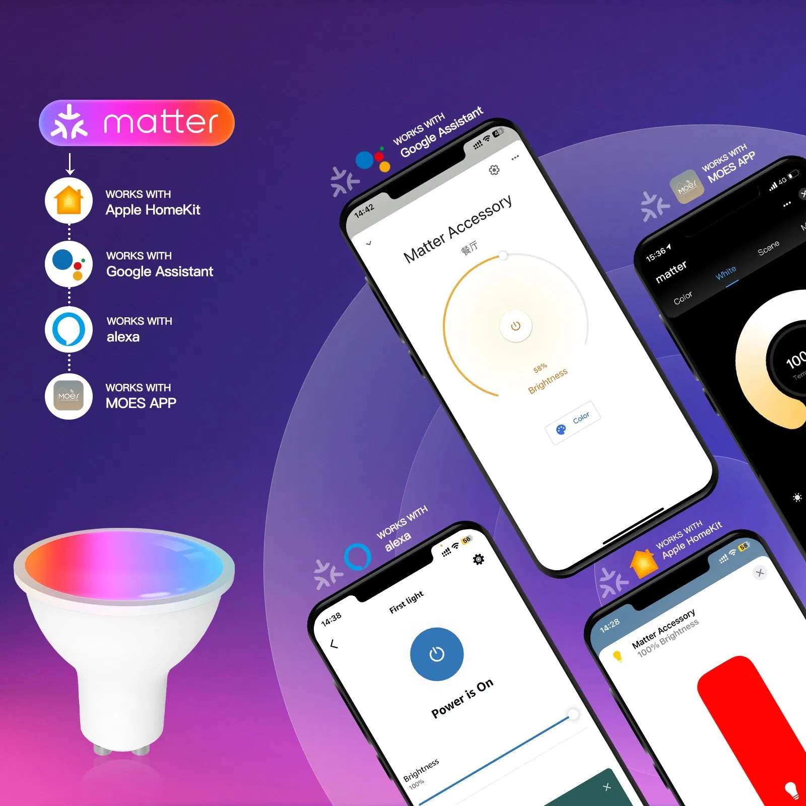 Moes Matter Smart GU10 LED Bulb - WiFi Color-Changing Smartlight Bulb, 2700K-6500K Dimmable, Remote &amp; Smart Life Control, Alexa &amp; Google Home Compatible