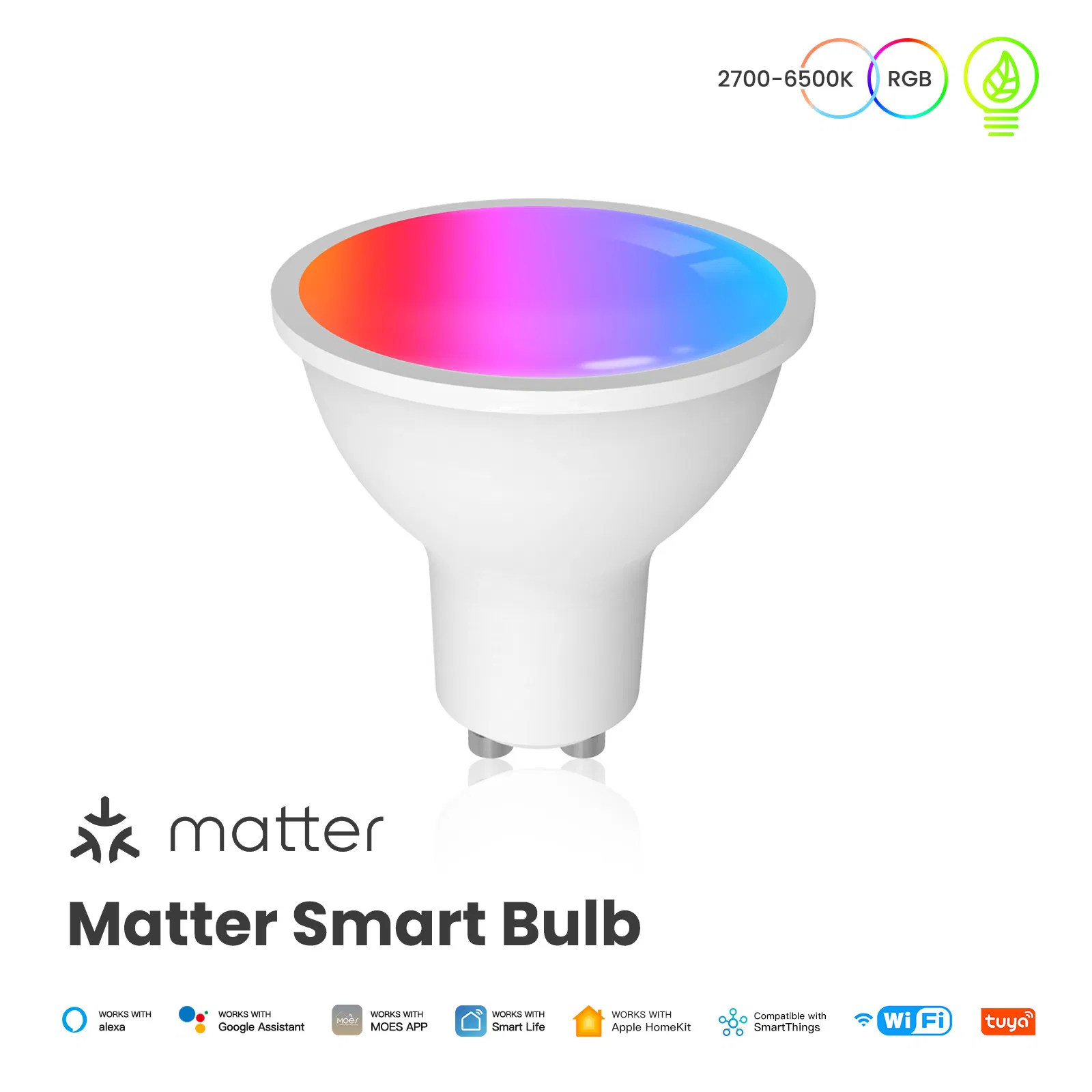 Moes Matter Smart GU10 LED Bulb - WiFi Color-Changing Smartlight Bulb, 2700K-6500K Dimmable, Remote &amp; Smart Life Control, Alexa &amp; Google Home Compatible