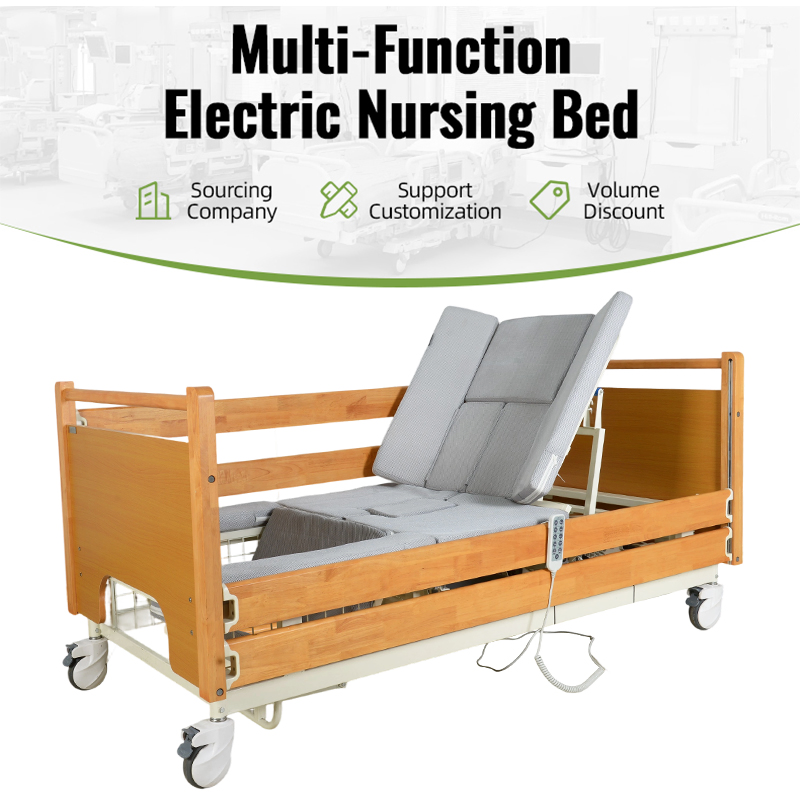 3-Function Wooden Nursing Bed Adjustable Backrest Seat Home Care or Hospital Use
