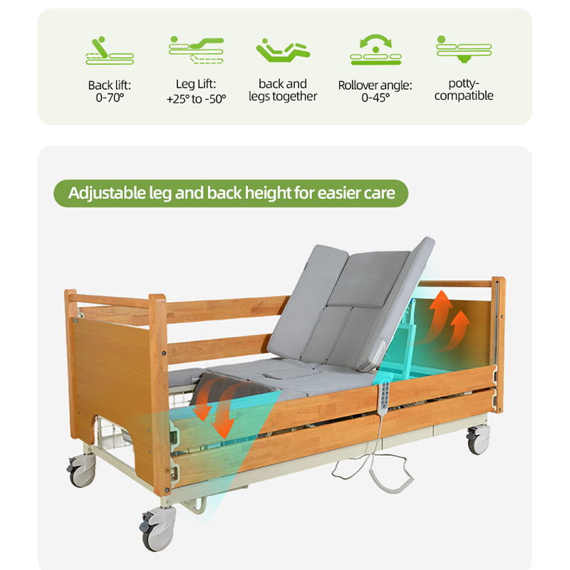3-Function Wooden Nursing Bed Adjustable Backrest Seat Home Care or Hospital Use