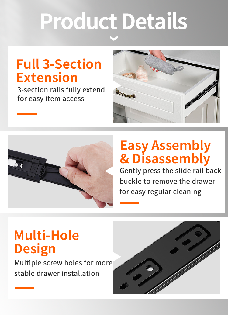 Full-Extension Side-Mount Drawer Slide - 12 Inch Ball Bearing Black Metal Rail