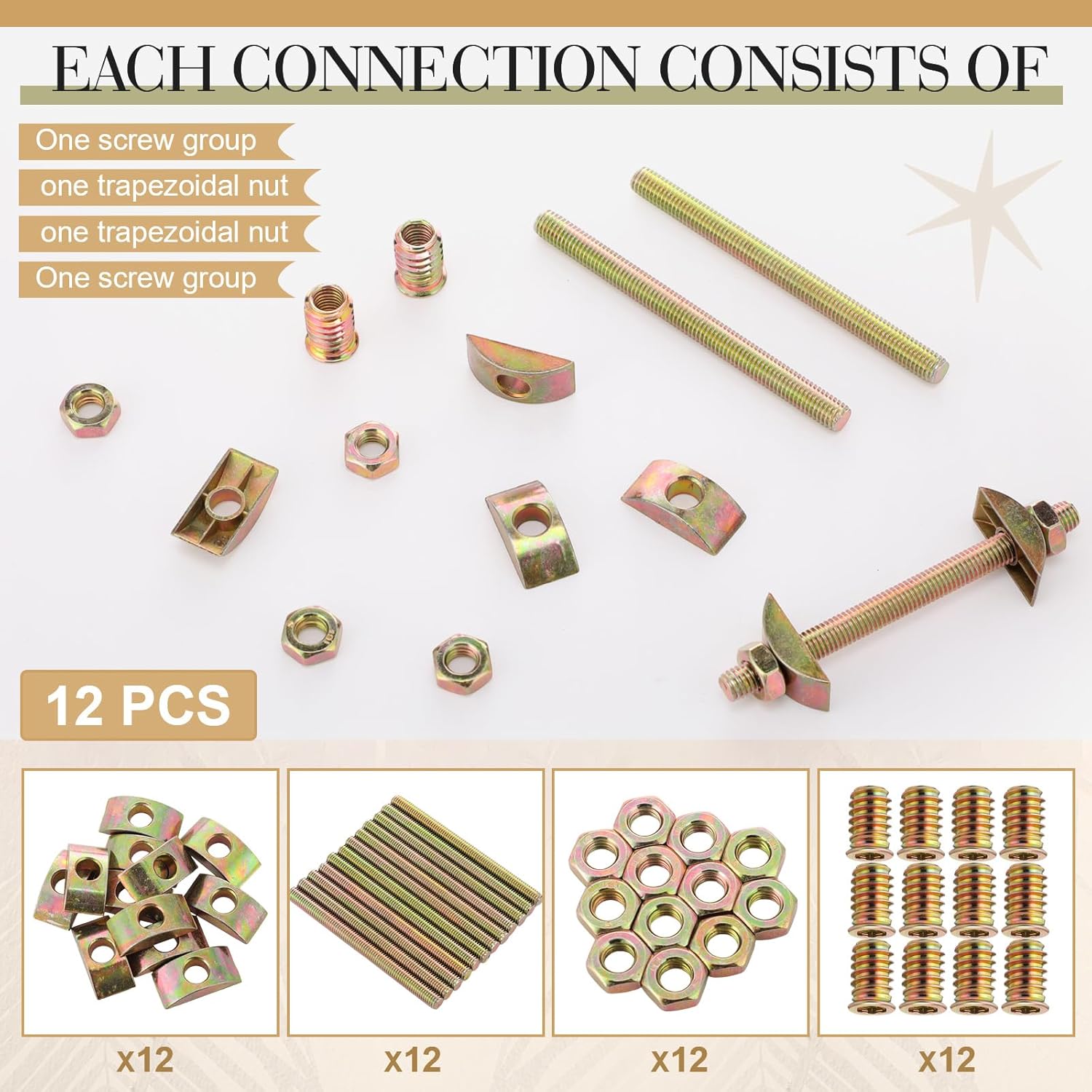 M6 Steel Furniture Screws and Nuts Kit Assorted Wooden Dowel &amp; Barrel Nut for Bed Frame