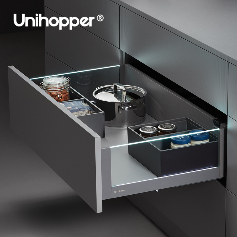 Unihopper Double Wall Drawer System Heavy Duty Matel Soft Closing Drawer Box Slide With LED Glass Panel Rolling Drawers