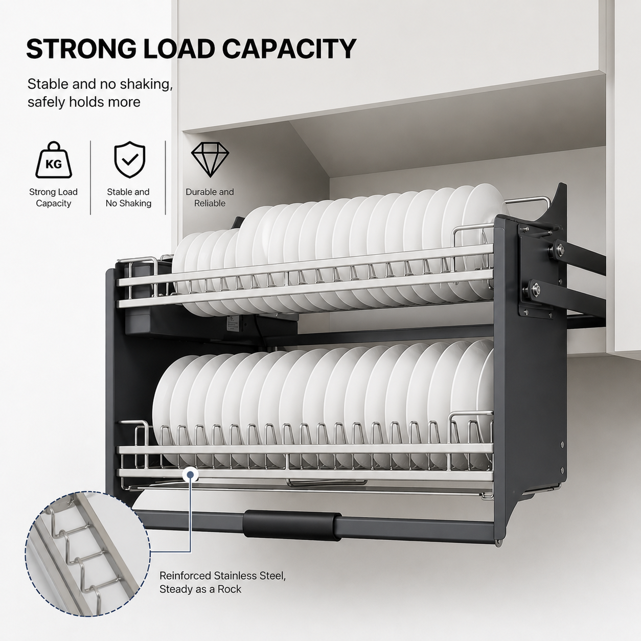 304Stainless Steel Kitchen Lift System Pull Down Basket For Upper Cabinet Space Saving Dish Drying Rack Pantry Storage Organizer