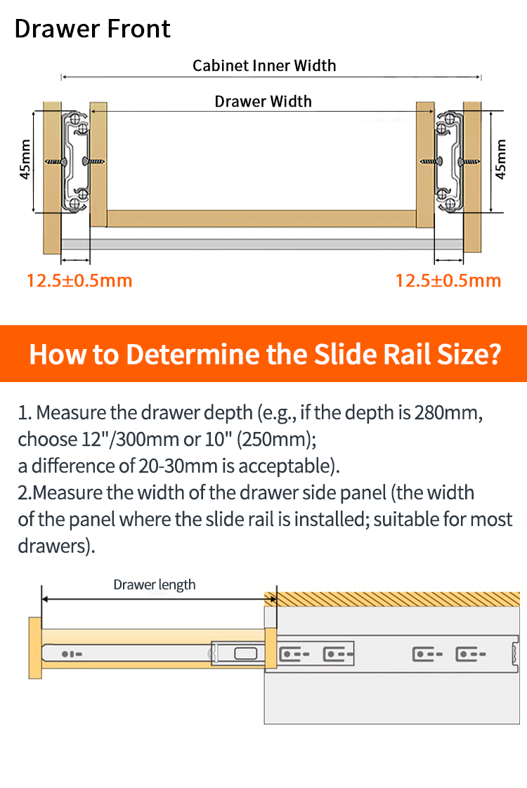 Full-Extension Side-Mount Drawer Slide - 12 Inch Ball Bearing Black Metal Rail