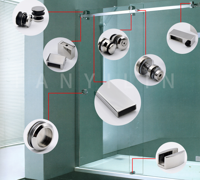 Stainless Steel 304 Shower Sliding Door System Accessories Hardware Set For Frameless Bathroom Glass Door