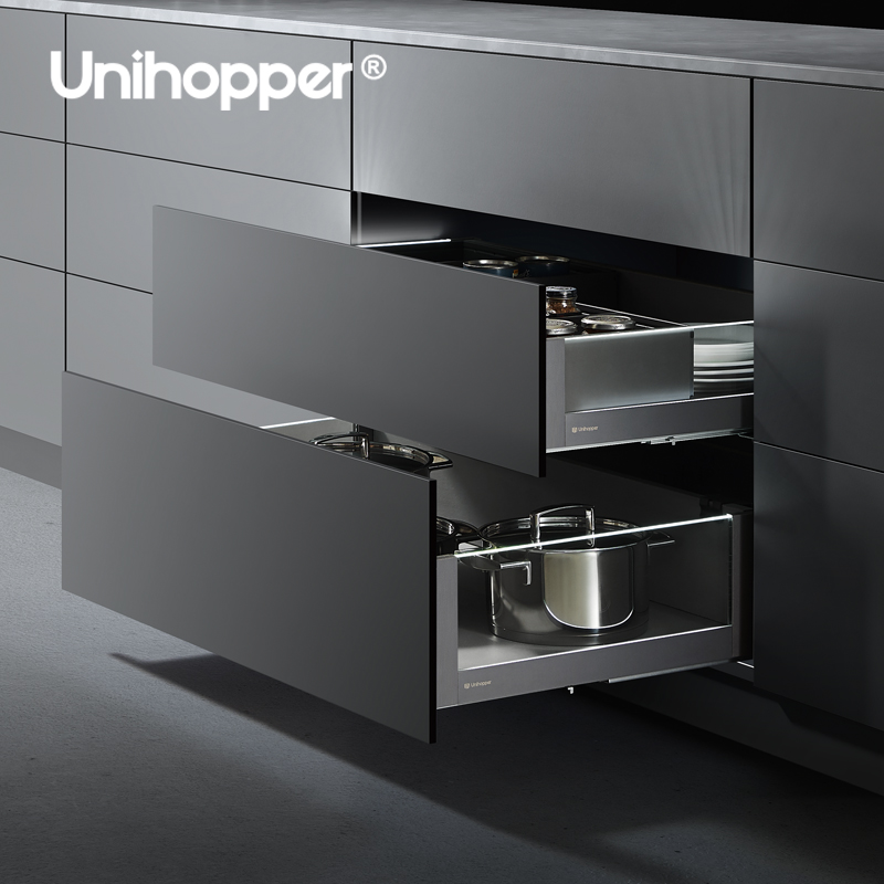 Unihopper Double Wall Drawer System Heavy Duty Matel Soft Closing Drawer Box Slide With LED Glass Panel Rolling Drawers