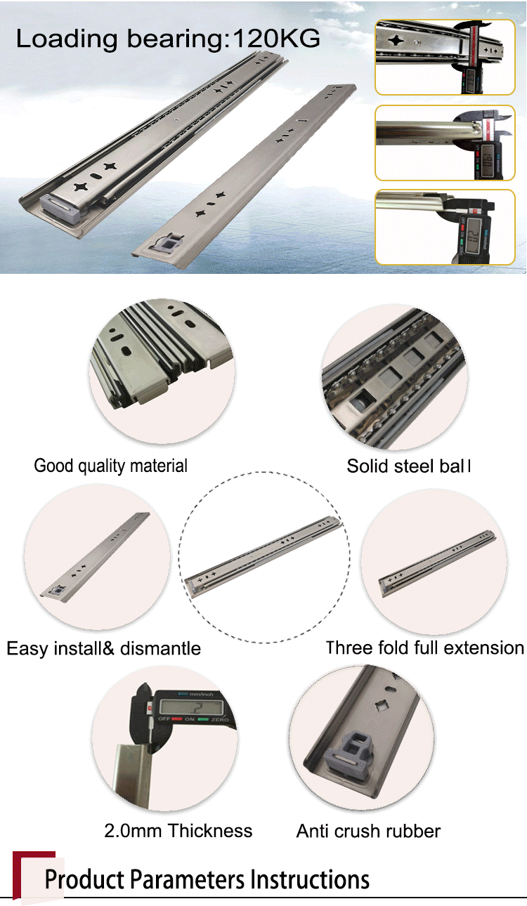 Heavy Duty Furniture Hardware Fittings Full Extension Ball Bearing 3 Fold Telescopic Channel Drawer Slides