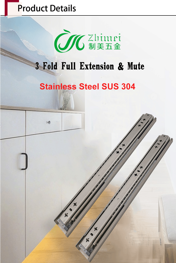 Heavy Duty Furniture Hardware Fittings Full Extension Ball Bearing 3 Fold Telescopic Channel Drawer Slides