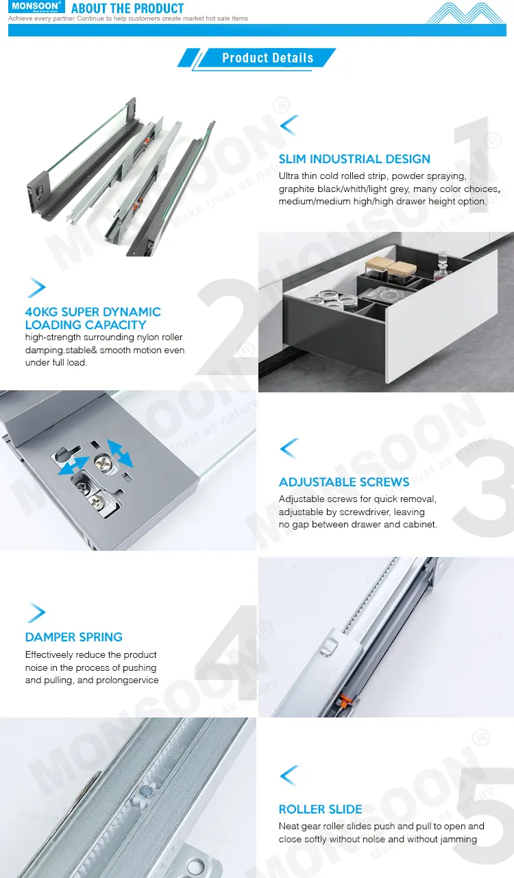 Furniture Hardware Fitting High Quality Kitchen Inner Silent Metal Drawer Slide Box Double Wall Guide Drawer Sliding System with Glass